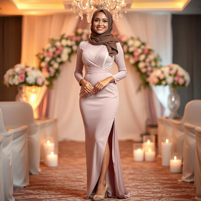 A beautiful hijab-wearing woman in an elegant and sexy bridesmaid dress that perfectly accentuates her figure, complemented by stylish high heels on her feet