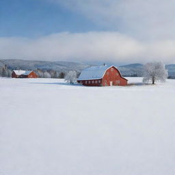 A picturesque snowscape transforming a rustic farm landscape, with the blanket of pristine snow on fields and a charming farmhouse standing out against the pure white surroundings