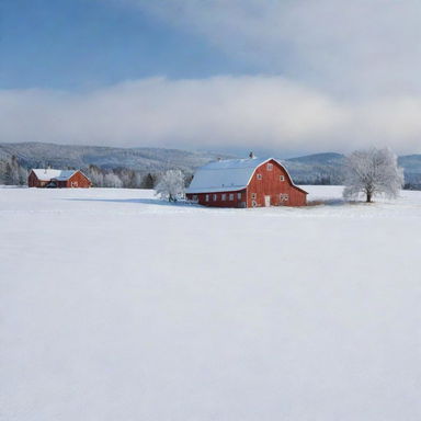 A picturesque snowscape transforming a rustic farm landscape, with the blanket of pristine snow on fields and a charming farmhouse standing out against the pure white surroundings