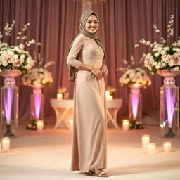 A beautiful hijab-wearing woman in an elegant and sexy bridesmaid dress that perfectly accentuates her figure, complemented by stylish high heels on her feet