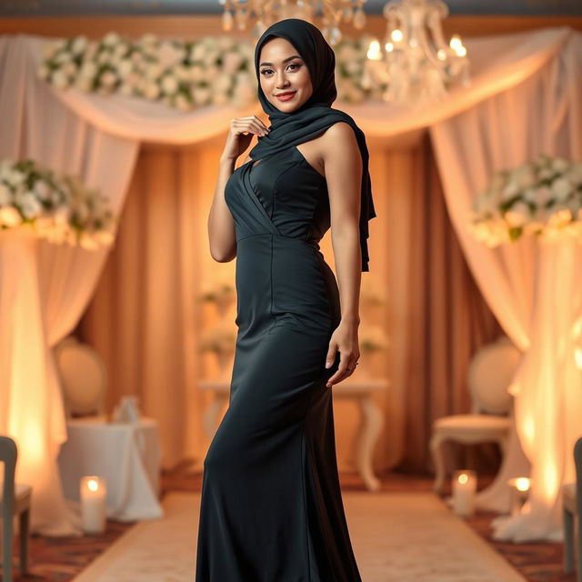 A stunning hijab-wearing woman in a sexy bridesmaid dress that perfectly highlights her alluring curves, complemented by fashionable high heels on her feet