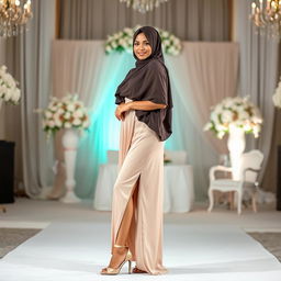 A stunning hijab-wearing woman in a sexy bridesmaid dress that perfectly highlights her alluring curves, complemented by fashionable high heels on her feet
