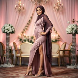 A stunning hijab-wearing woman in a sexy bridesmaid dress that perfectly highlights her alluring curves, complemented by fashionable high heels on her feet