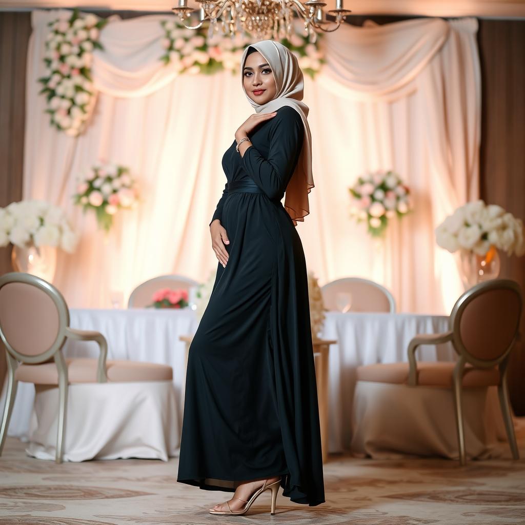 A stunning hijab-wearing woman in a sexy bridesmaid dress that perfectly highlights her alluring curves, complemented by fashionable high heels on her feet