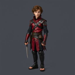 A standing male hobbit rogue with short brown curly hair, clad in striking crimson and sleek black leather armor that accentuates his small stature
