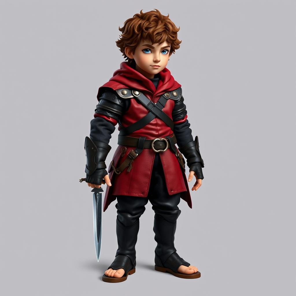 A standing male hobbit rogue with short brown curly hair, clad in striking crimson and sleek black leather armor that accentuates his small stature