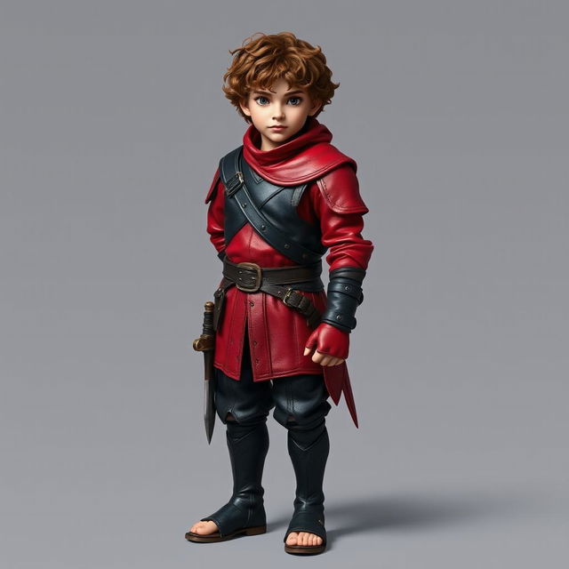 A standing male hobbit rogue with short brown curly hair, clad in striking crimson and sleek black leather armor that accentuates his small stature