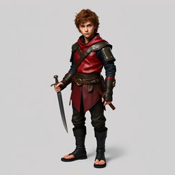 A standing male hobbit rogue with short brown curly hair, clad in striking crimson and sleek black leather armor that accentuates his small stature
