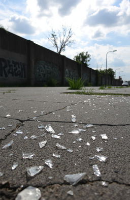 A desolate urban scene littered with broken shards of glass scattered across a cracked pavement