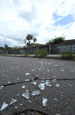A desolate urban scene littered with broken shards of glass scattered across a cracked pavement