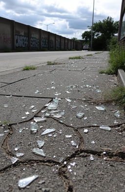 A desolate urban scene littered with broken shards of glass scattered across a cracked pavement