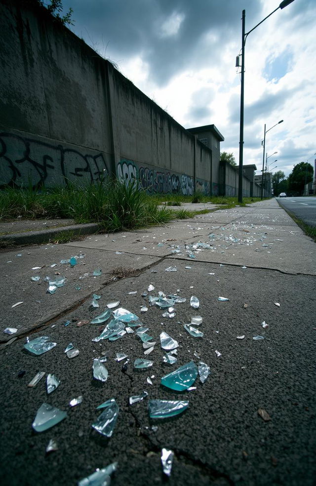 A desolate urban scene littered with broken shards of glass scattered across a cracked pavement