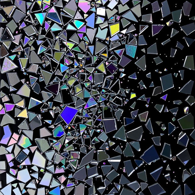 An abstract artwork where the entire canvas is composed of broken shards of glass, creating a mesmerizing mosaic effect