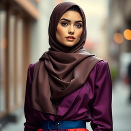 A striking portrait of a fashionable woman inspired by Kylie Jenner, wearing an elegant and beautifully designed hijab