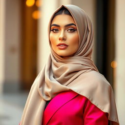 A striking portrait of a fashionable woman inspired by Kylie Jenner, wearing an elegant and beautifully designed hijab