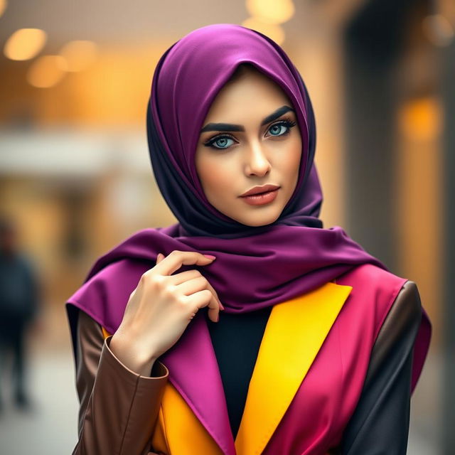 A striking portrait of a fashionable woman inspired by Kylie Jenner, wearing an elegant and beautifully designed hijab