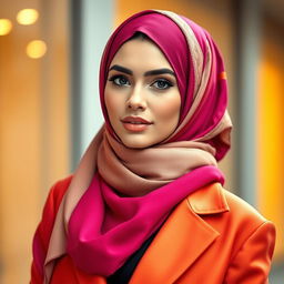 A striking portrait of a fashionable woman inspired by Kylie Jenner, wearing an elegant and beautifully designed hijab