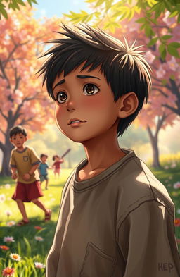 A poignant scene depicting a lowly boy named Hep, looking contemplative and slightly forlorn as he watches his friends play joyfully in a vibrant park setting
