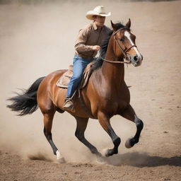 A powerful, spirited horse in full gallop, ridden by a cowboy in a dusty rodeo.