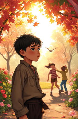 A poignant scene depicting a lowly boy named Hep, looking contemplative and slightly forlorn as he watches his friends play joyfully in a vibrant park setting