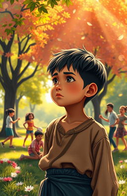 A poignant scene depicting a lowly boy named Hep, looking contemplative and slightly forlorn as he watches his friends play joyfully in a vibrant park setting
