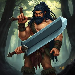 A fierce half-orc barbarian standing confidently, showcasing his strong physique