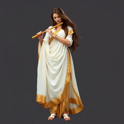 A standing female medieval human bard of Arabic descent with long, flowing brown hair