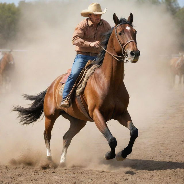 A powerful, spirited horse in full gallop, ridden by a cowboy in a dusty rodeo.