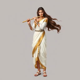 A standing female medieval human bard of Arabic descent with long, flowing brown hair