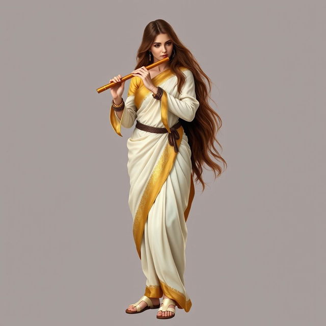 A standing female medieval human bard of Arabic descent with long, flowing brown hair