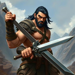 A striking half-orc warrior depicted in a powerful stance, showcasing his impressive build