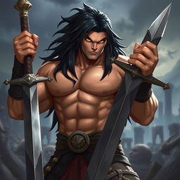 A powerful half-orc character depicted with striking black hair cascading down to his shoulders, sharp brown eyes reflecting determination, and smooth peach-colored skin