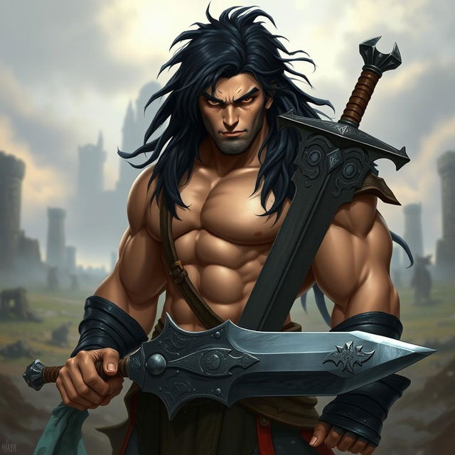 A powerful half-orc character depicted with striking black hair cascading down to his shoulders, sharp brown eyes reflecting determination, and smooth peach-colored skin