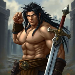 A powerful half-orc character depicted with striking black hair cascading down to his shoulders, sharp brown eyes reflecting determination, and smooth peach-colored skin