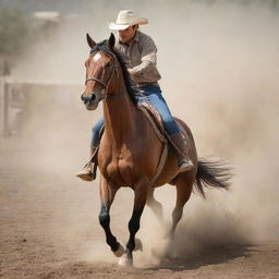 A powerful, spirited horse in full gallop, ridden by a cowboy in a dusty rodeo.