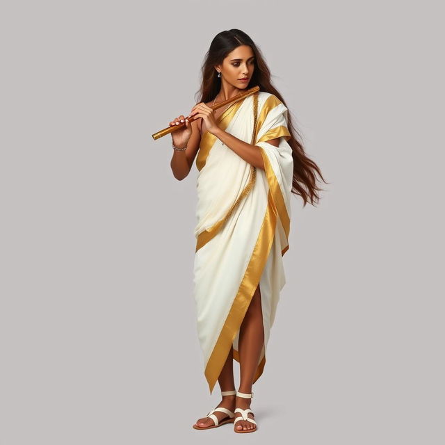 A standing female medieval human bard of Arabic descent with light brown skin and long, flowing brown hair