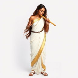 A standing female medieval human bard of Arabic descent with light brown skin and long, flowing brown hair