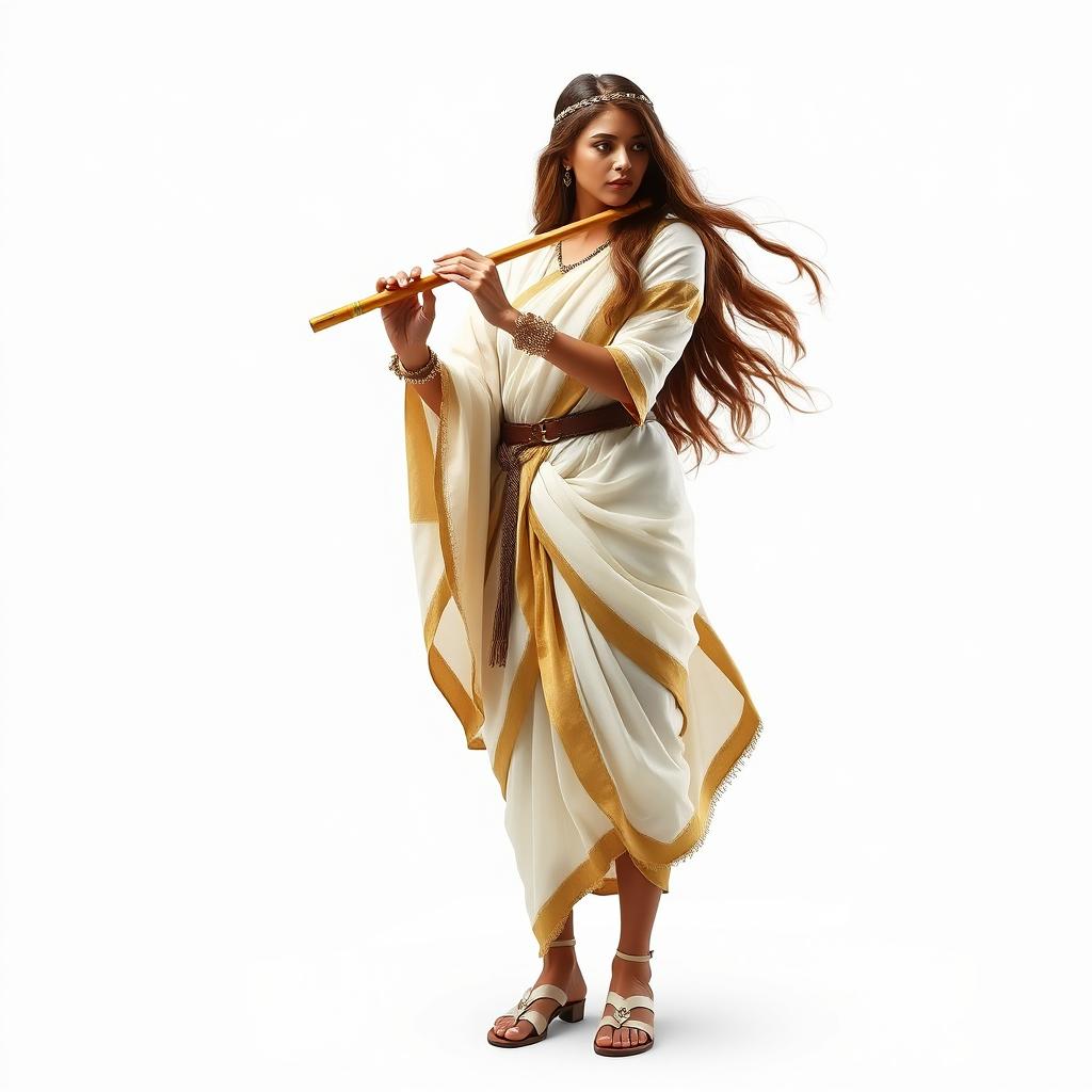 A standing female medieval human bard of Arabic descent with light brown skin and long, flowing brown hair