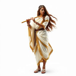 A standing female medieval human bard of Arabic descent with light brown skin and long, flowing brown hair