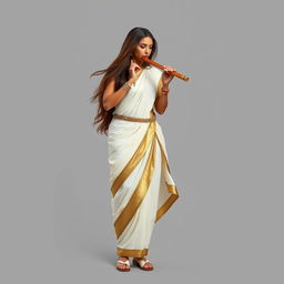 A standing female medieval human bard of Arabic descent with light brown skin and long, flowing brown hair