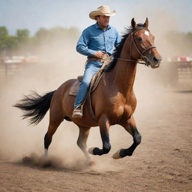 A powerful, spirited horse in full gallop, ridden by a cowboy in a dusty rodeo.