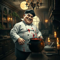 A fat French vampire chef, with a playful yet sinister grin, wearing a blood-splattered white chef's coat and a stylish beret