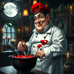 A fat French vampire chef, with a playful yet sinister grin, wearing a blood-splattered white chef's coat and a stylish beret