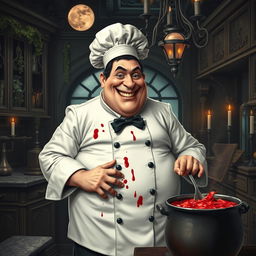 A fat French vampire chef, with a playful yet sinister grin, wearing a blood-splattered white chef's coat and a stylish beret