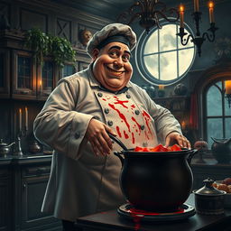 A fat French vampire chef, with a playful yet sinister grin, wearing a blood-splattered white chef's coat and a stylish beret