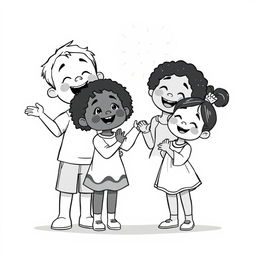 A charming Pixar-style illustration featuring children of different races, including a white boy, a Black girl, and an Asian girl, all gathered together in a joyful, united pose, showing their admiration and reverence for God