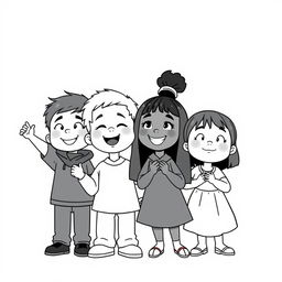 A charming Pixar-style illustration featuring children of different races, including a white boy, a Black girl, and an Asian girl, all gathered together in a joyful, united pose, showing their admiration and reverence for God