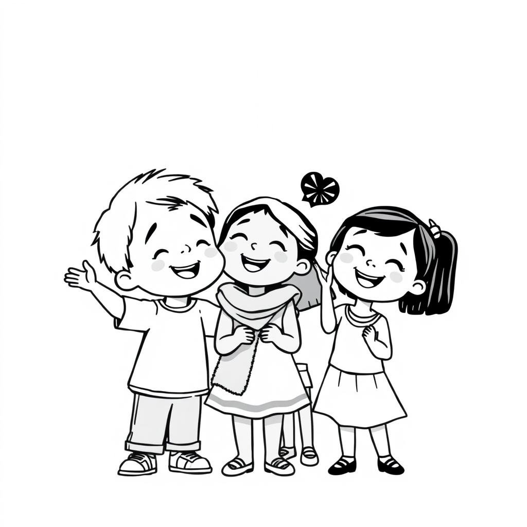 A charming Pixar-style illustration featuring children of different races, including a white boy, a Black girl, and an Asian girl, all gathered together in a joyful, united pose, showing their admiration and reverence for God