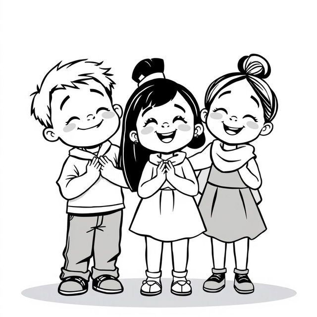 A charming Pixar-style illustration featuring children of different races, including a white boy, a Black girl, and an Asian girl, all gathered together in a joyful, united pose, showing their admiration and reverence for God