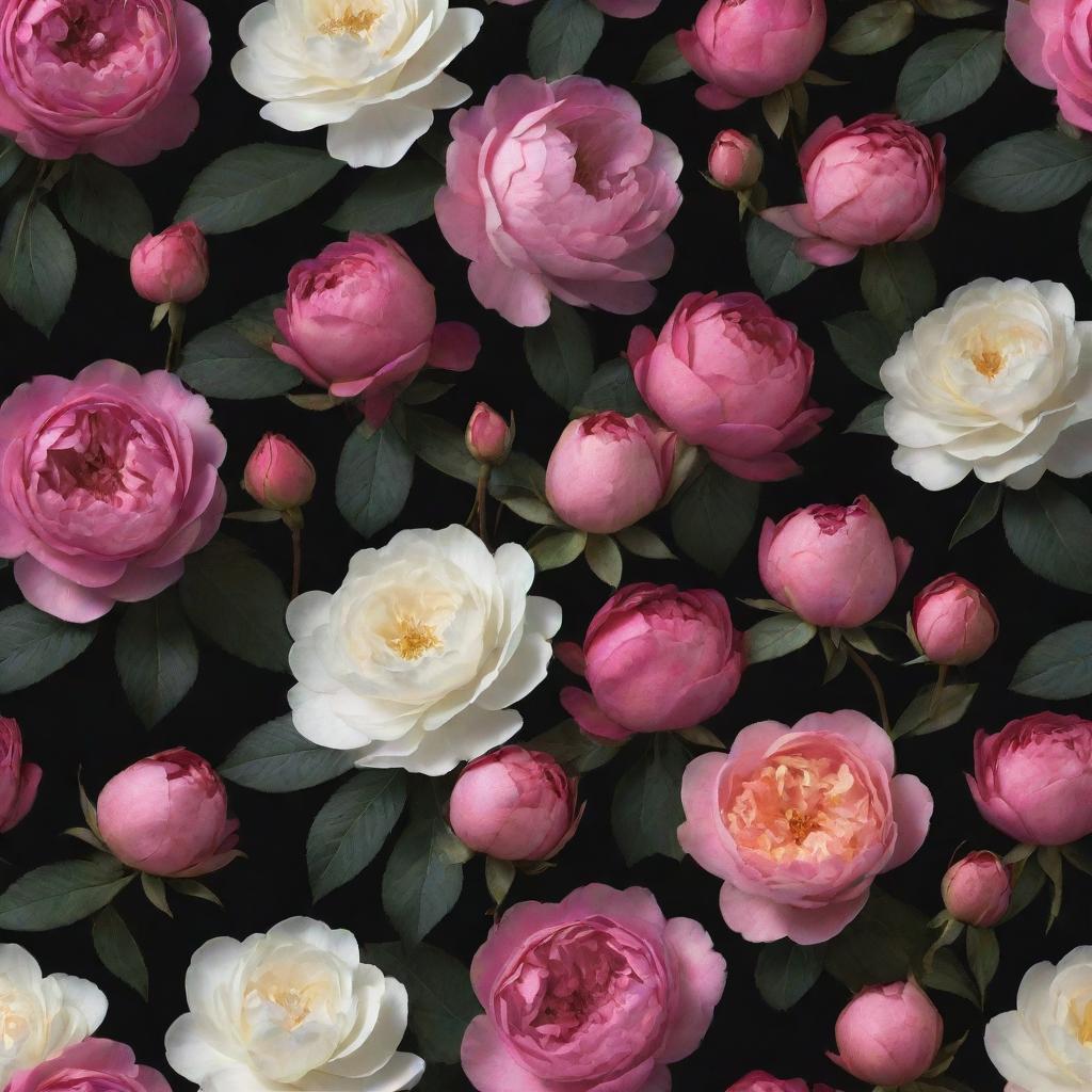 An engaging 3D wallpaper depicting a dark background densely packed with amplified, vibrant roses, posies, magnolias, and peonies, all in varying colors and larger-than-life size